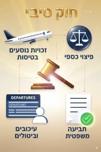 אינפוגרפיקה בעברית המציגה את חוק טיבי – זכויות נוסעים בטיסות, פיצוי כספי, עיכובים וביטולים ותביעה משפטית